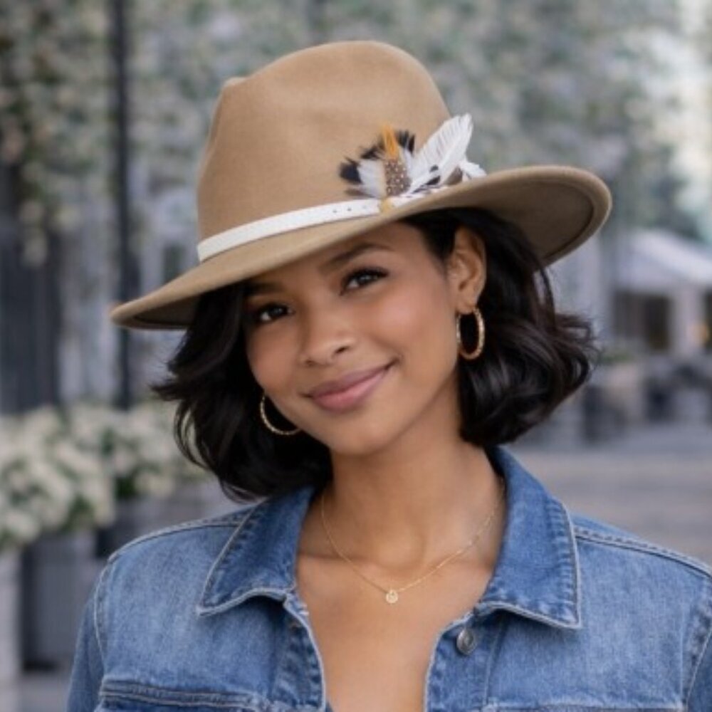 Tan Women's  Felt Fedora Western Cowboy Hat White Belt  Feather Accent